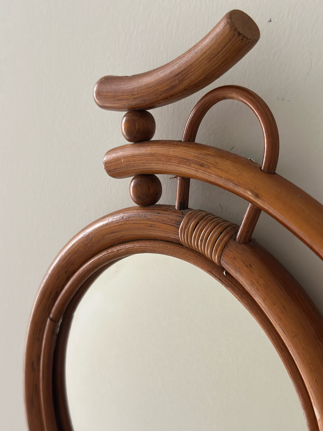 Rare wall mirror bicycle made of bamboo and rattan from the 1960s.