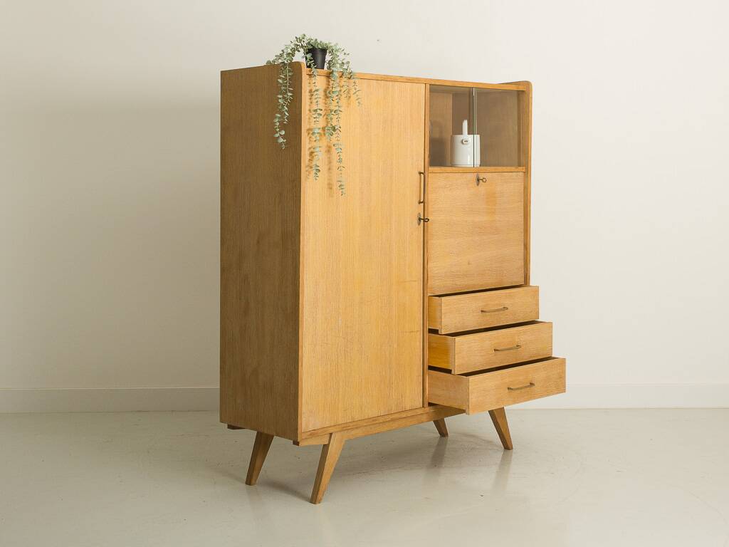 Oak desk cabinet with wardrobe space and fully pickled showcase, circa 60