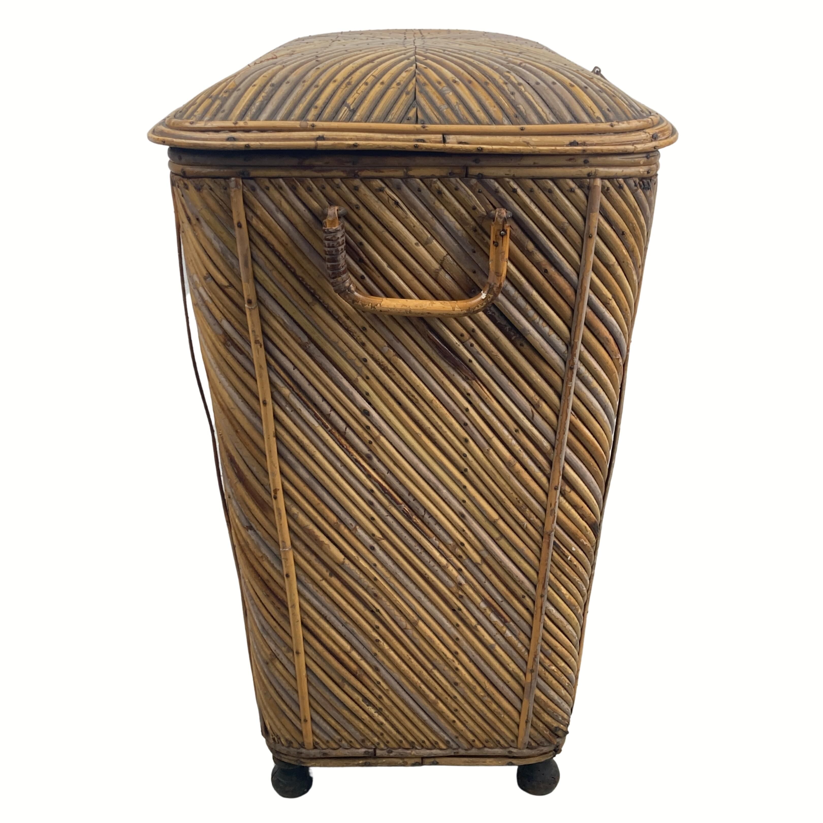 Vintage pencil split reed rattan bamboo wicker chest, 1930s-1950s