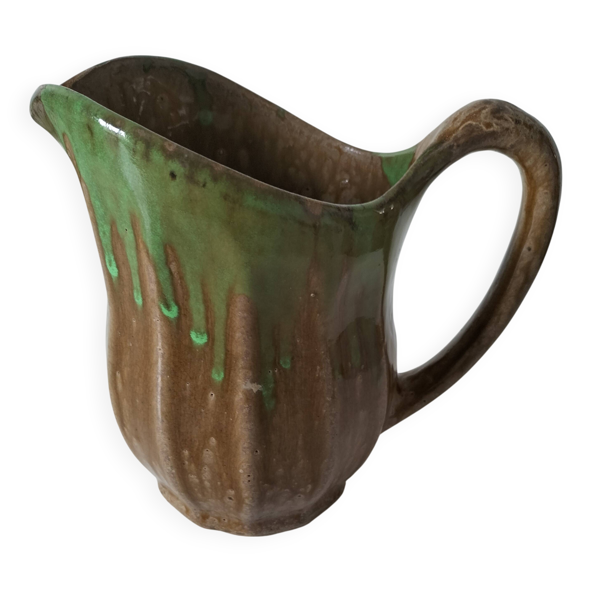 Handcrafted green and brown glazed ceramic pitcher, 1960s-70s