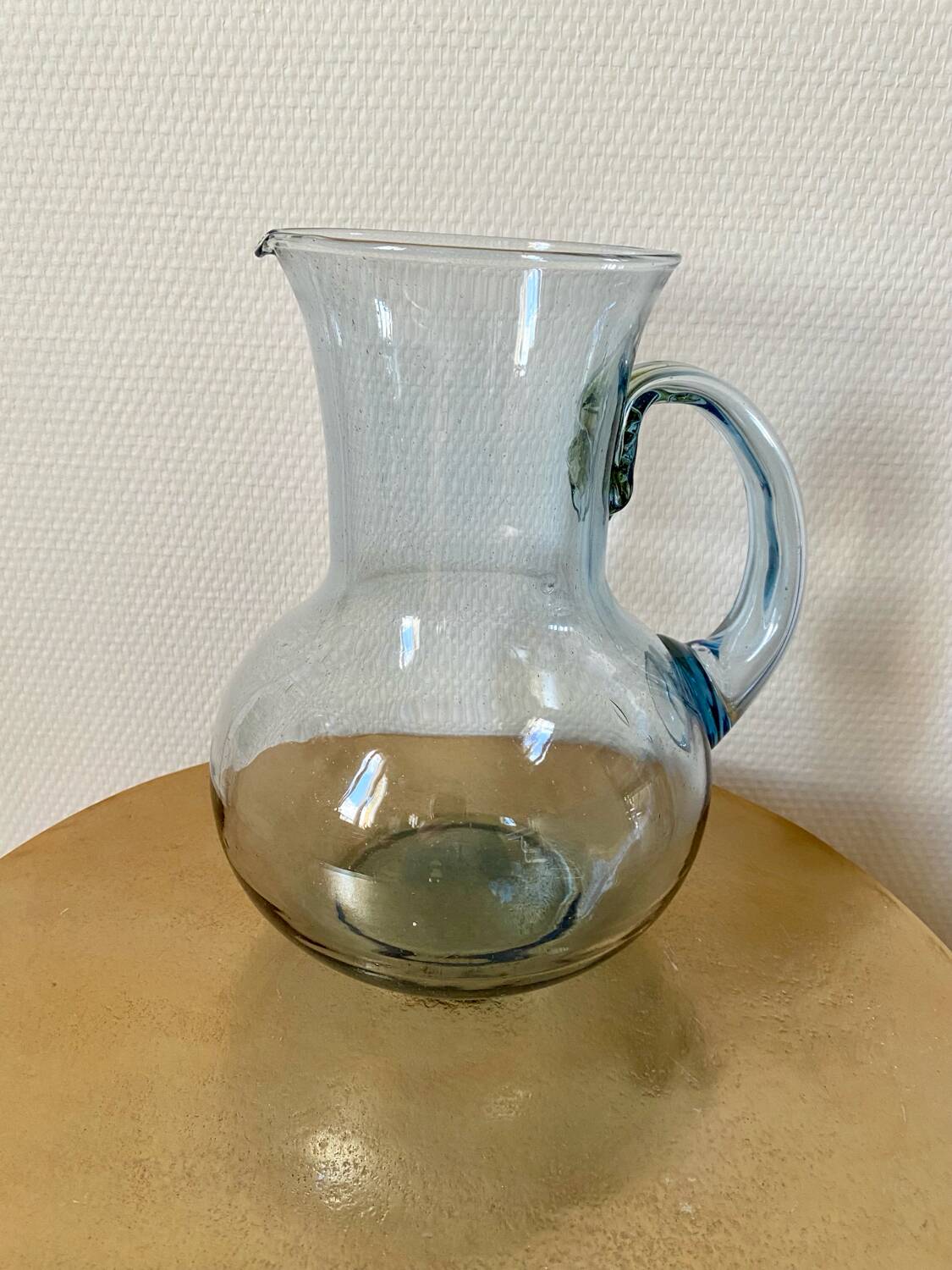 Biot style blue blown glass water pitcher