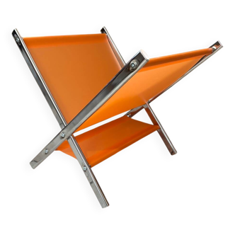 Vintage 70s folding magazine rack with chrome and canvas frame