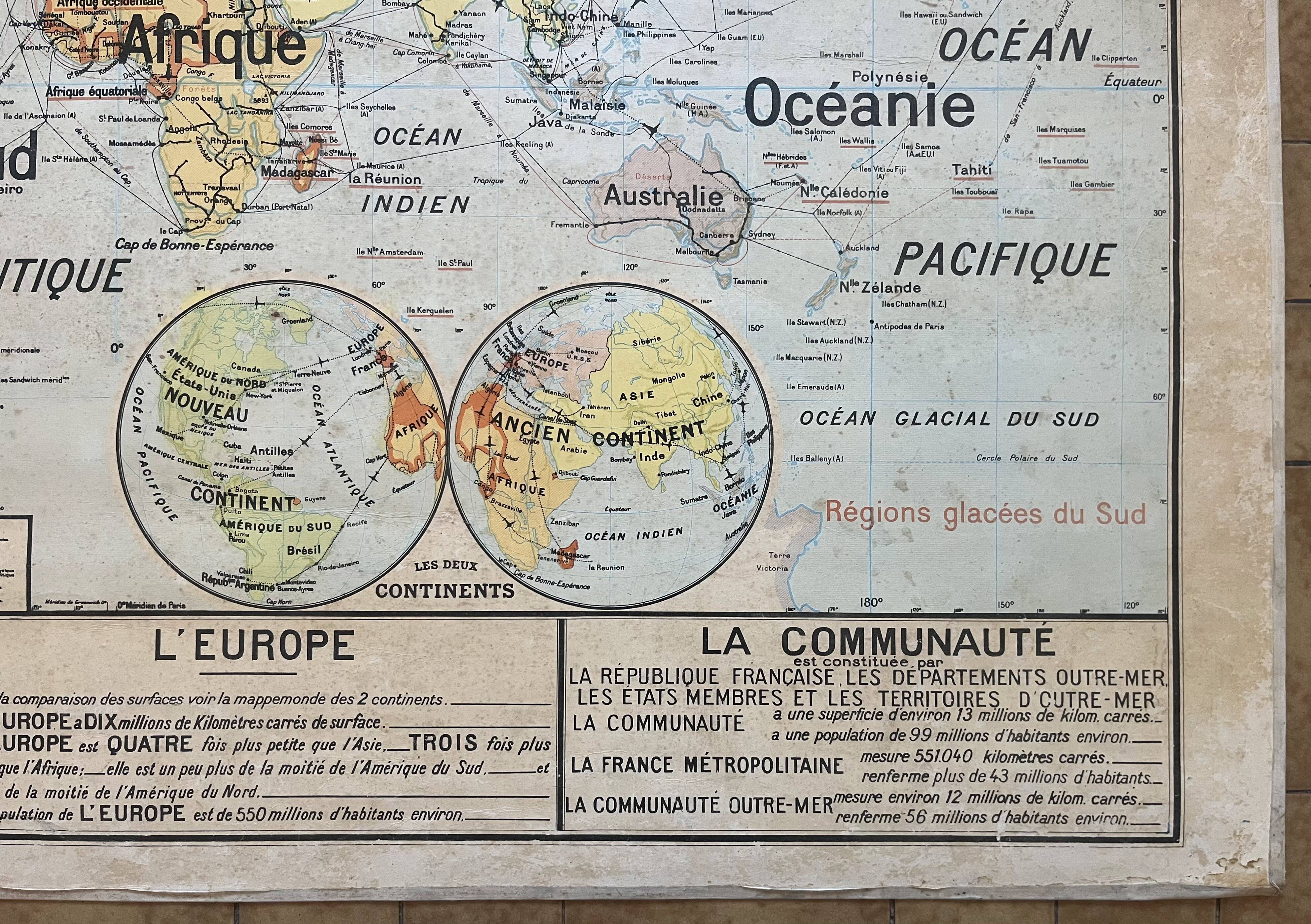 Ancienne carte scolaire Vidal-Lablache 22, 1958 - Planisphère, colonies