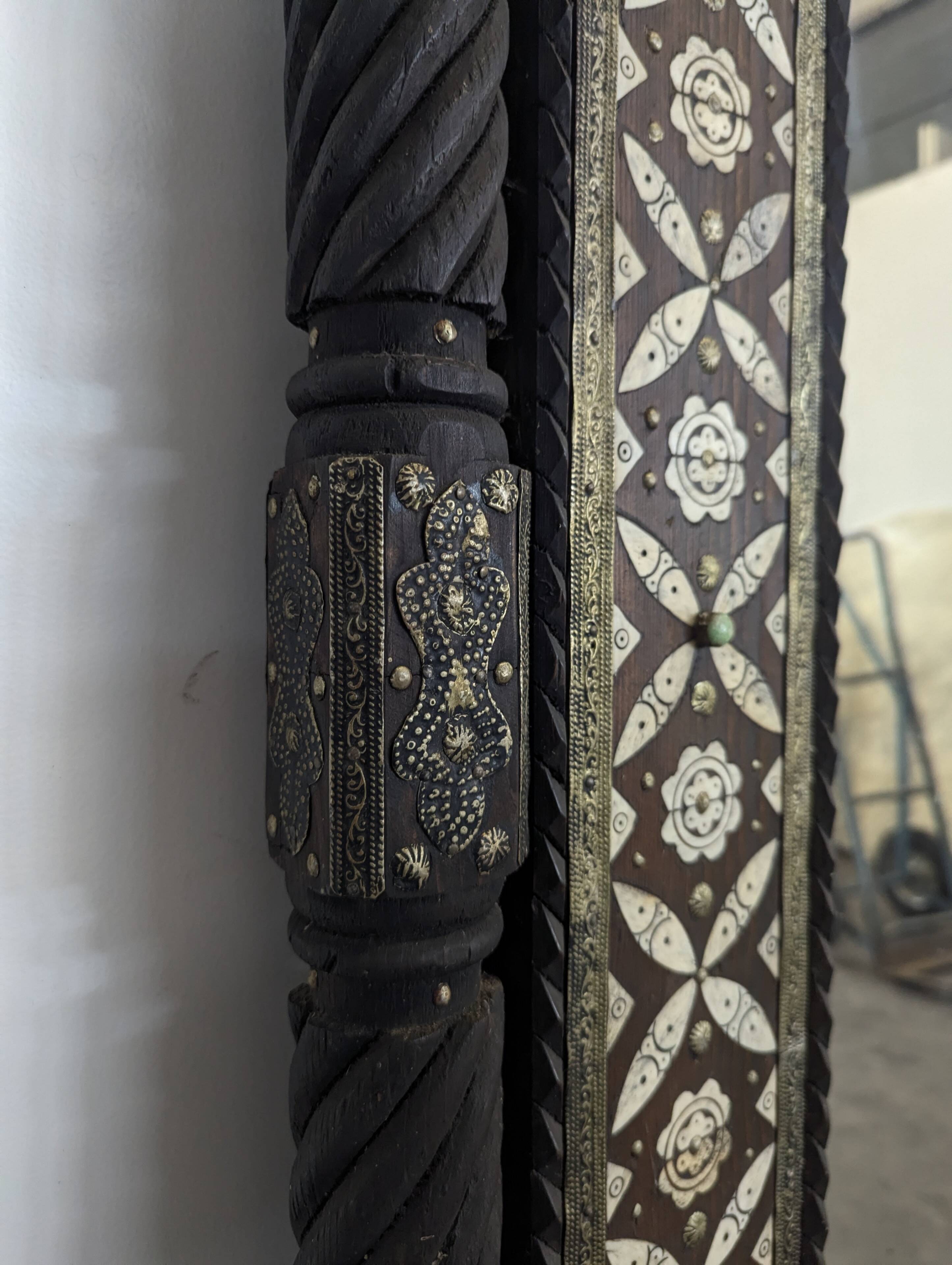 Orientalist mirror with bone inlays and hard stone cabochons.