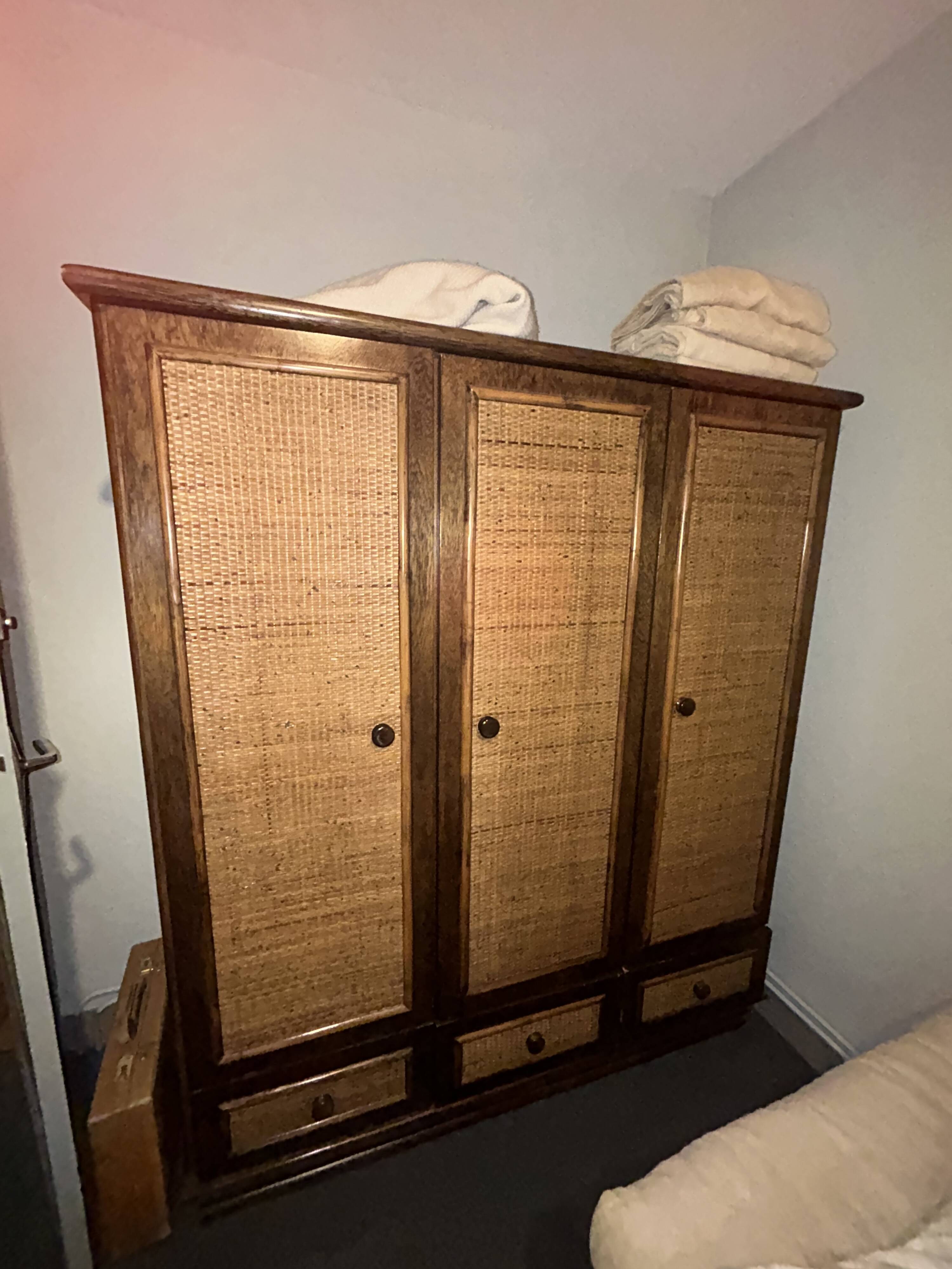 Rattan and wood wardrobe signed Roche Bobois