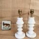 Two alabaster lamps, 2x2M fabric cables, cotton lampshades.