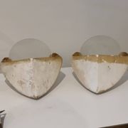 Pair of Art Deco corner wall lights in plaster and acid-etched glass, 1930s.