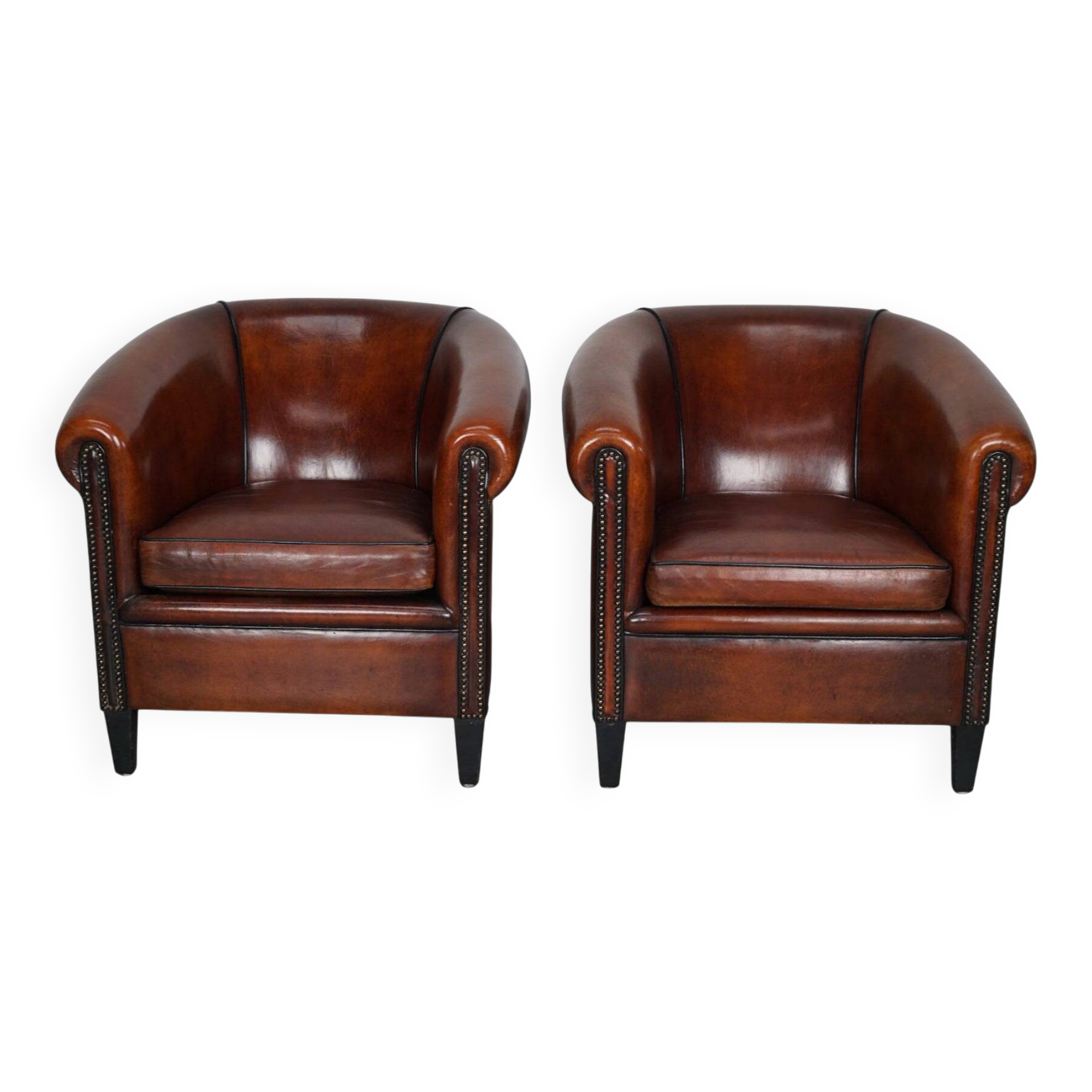 Vintage Dutch Cognac Leather Club Chairs, Set of 2