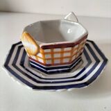 HB Quimper octagonal butter dish, hand-painted graphic design.