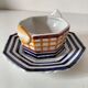 HB Quimper octagonal butter dish, hand-painted graphic design.