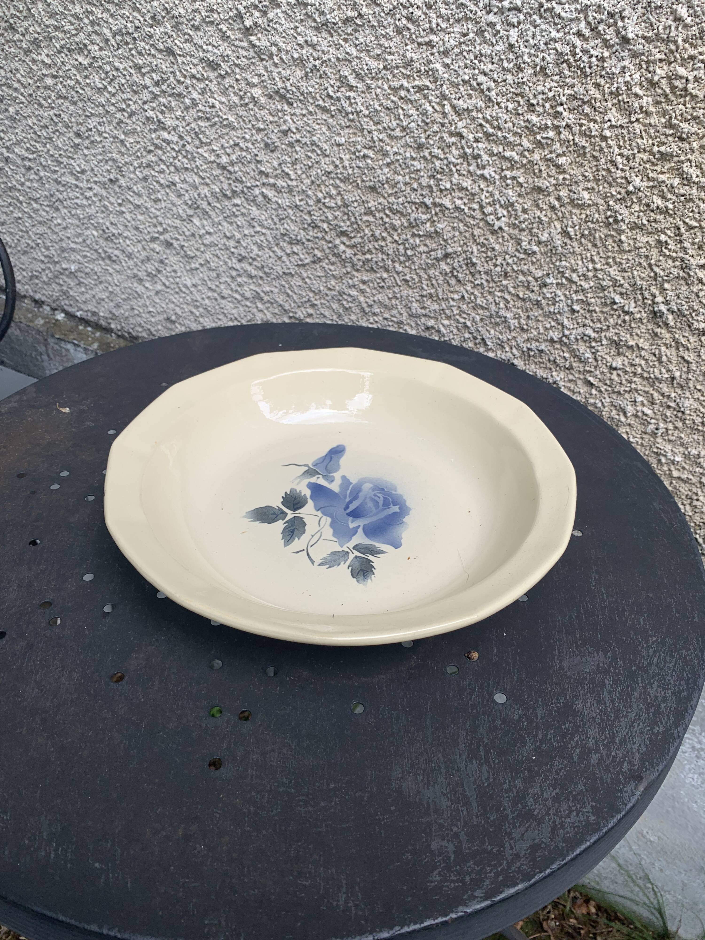 Hollow dish with blue rose motif, octagonal, vintage Digoin