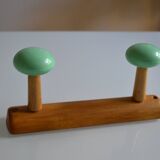 Wall coat rack with 2 hooks, wood and plastic, 60s style.