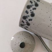 Vintage speckled stoneware coffee pot – navy blue floral decoration