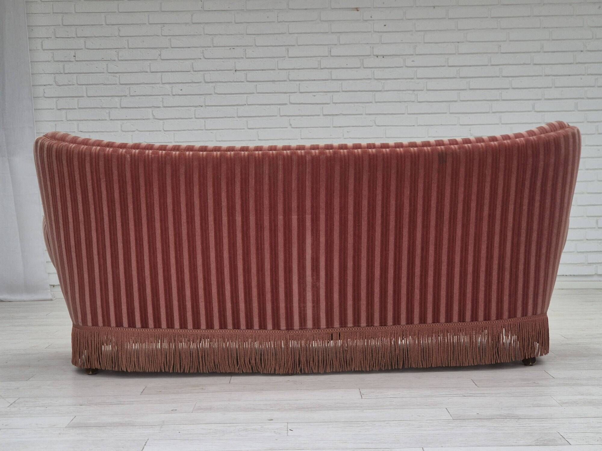 1960s, Danish 3-seater curved sofa, pink-salmon furniture velour, original.