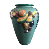 Green ceramic vase with polychrome decoration of fruits and vegetables in relief 33.5 cm
