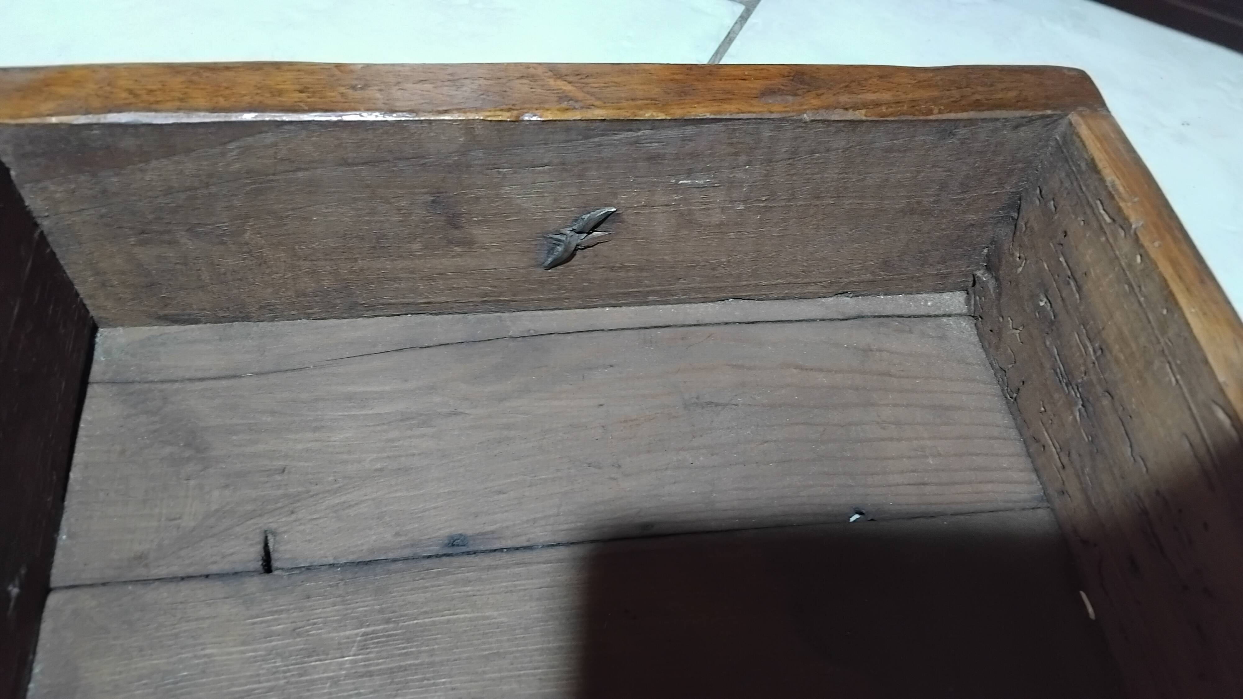 Small vintage brutalist solid oak jam cupboard with wrought iron trim