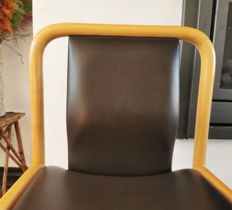 Vintage wooden chair with skai leather seat, 1990