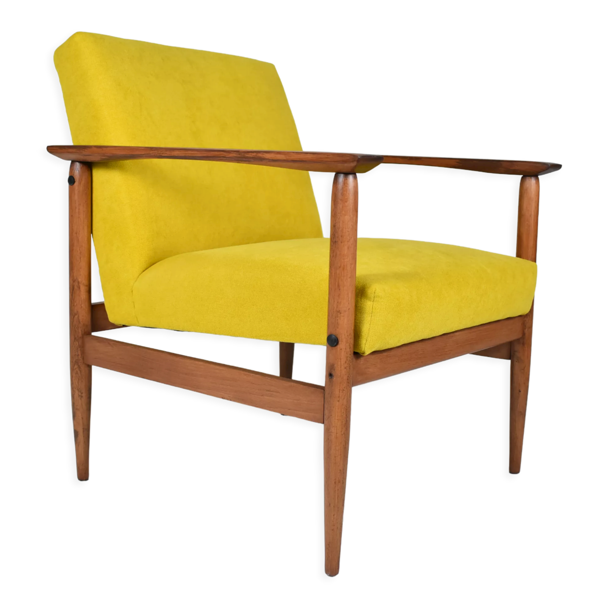 Vintage armchair yellow fabric, teak wood, 1960s