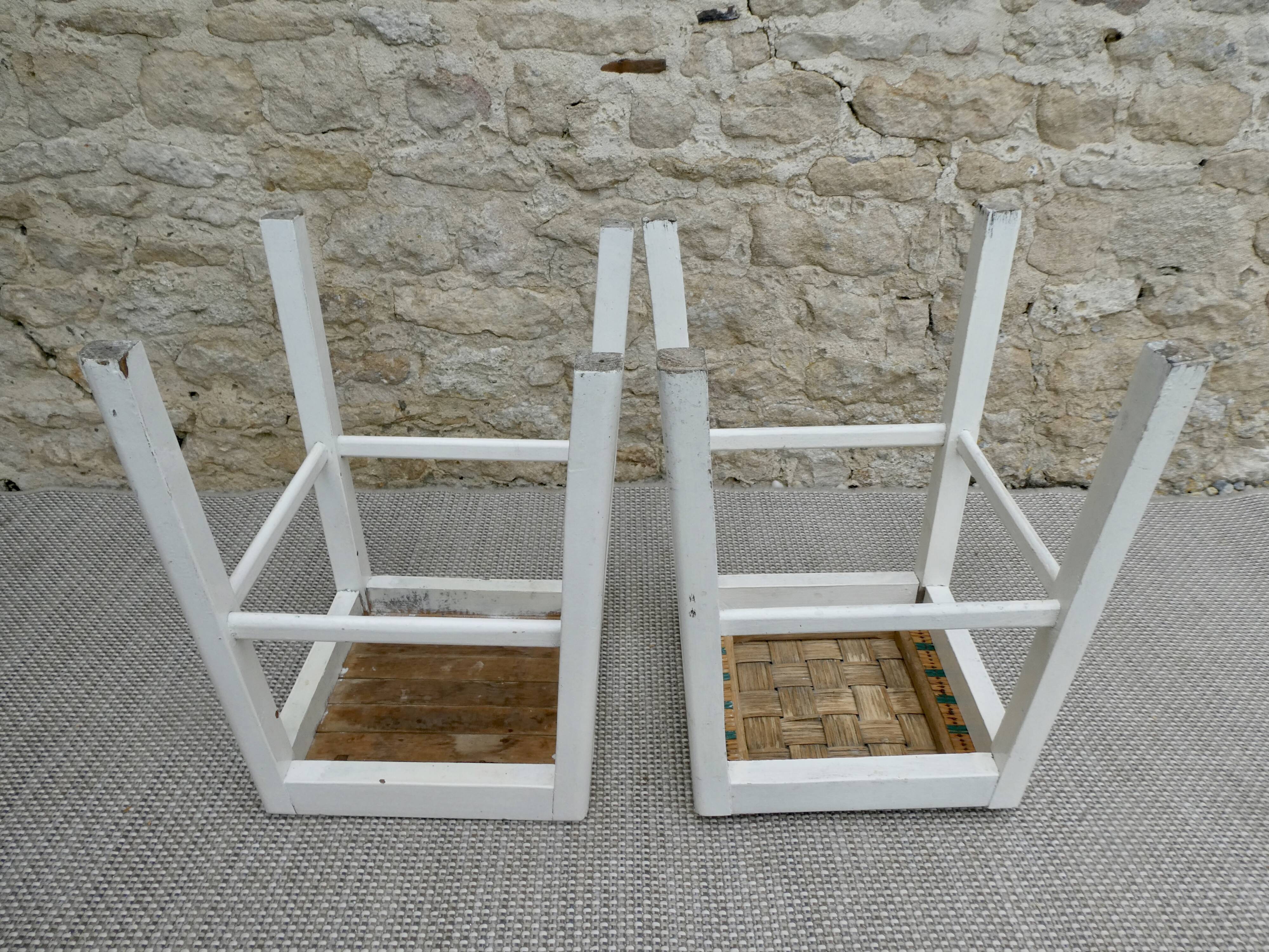 Pair of wooden stools, original white patina