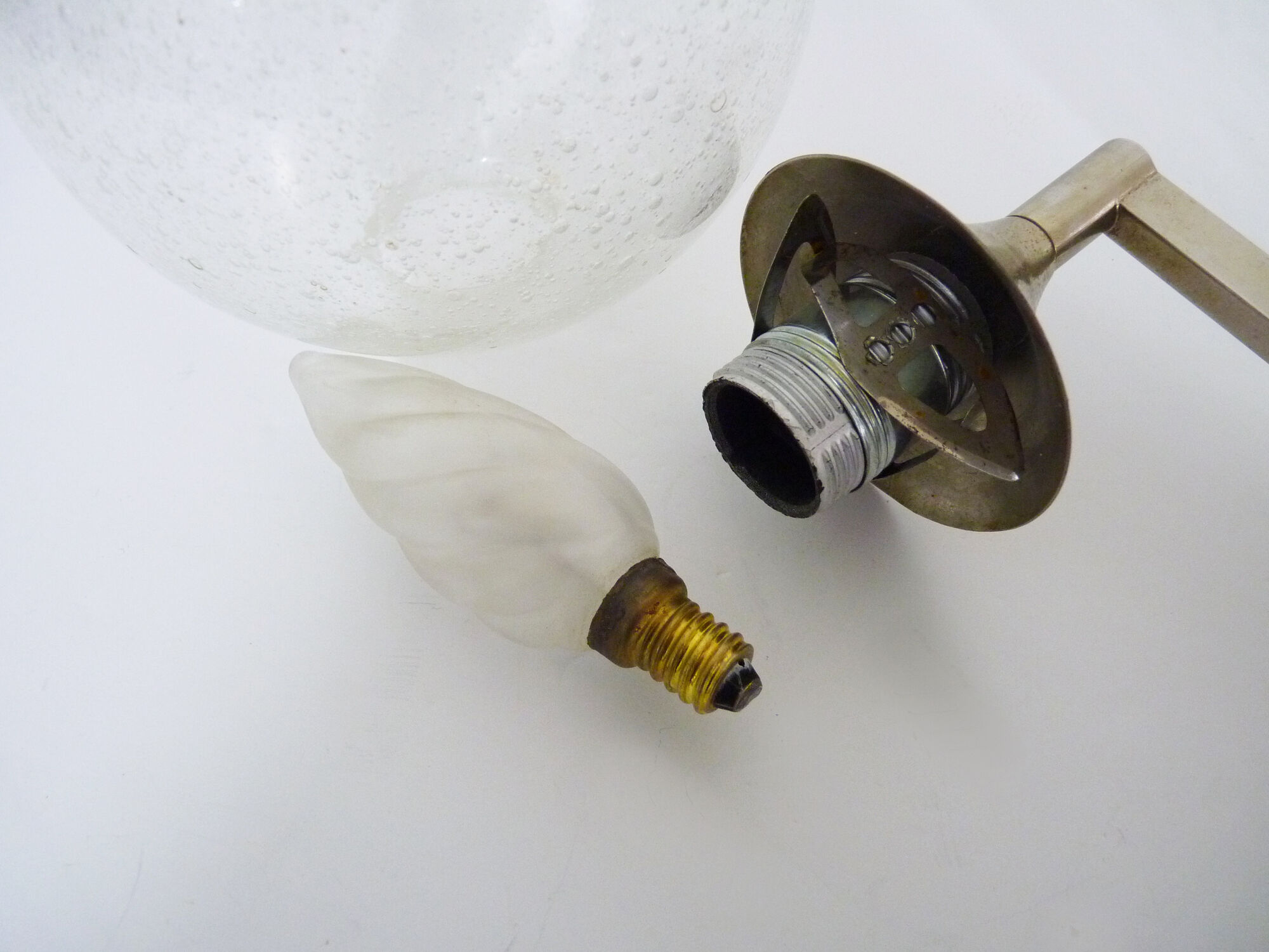 Pair of chrome metal wall sconces and blown glass