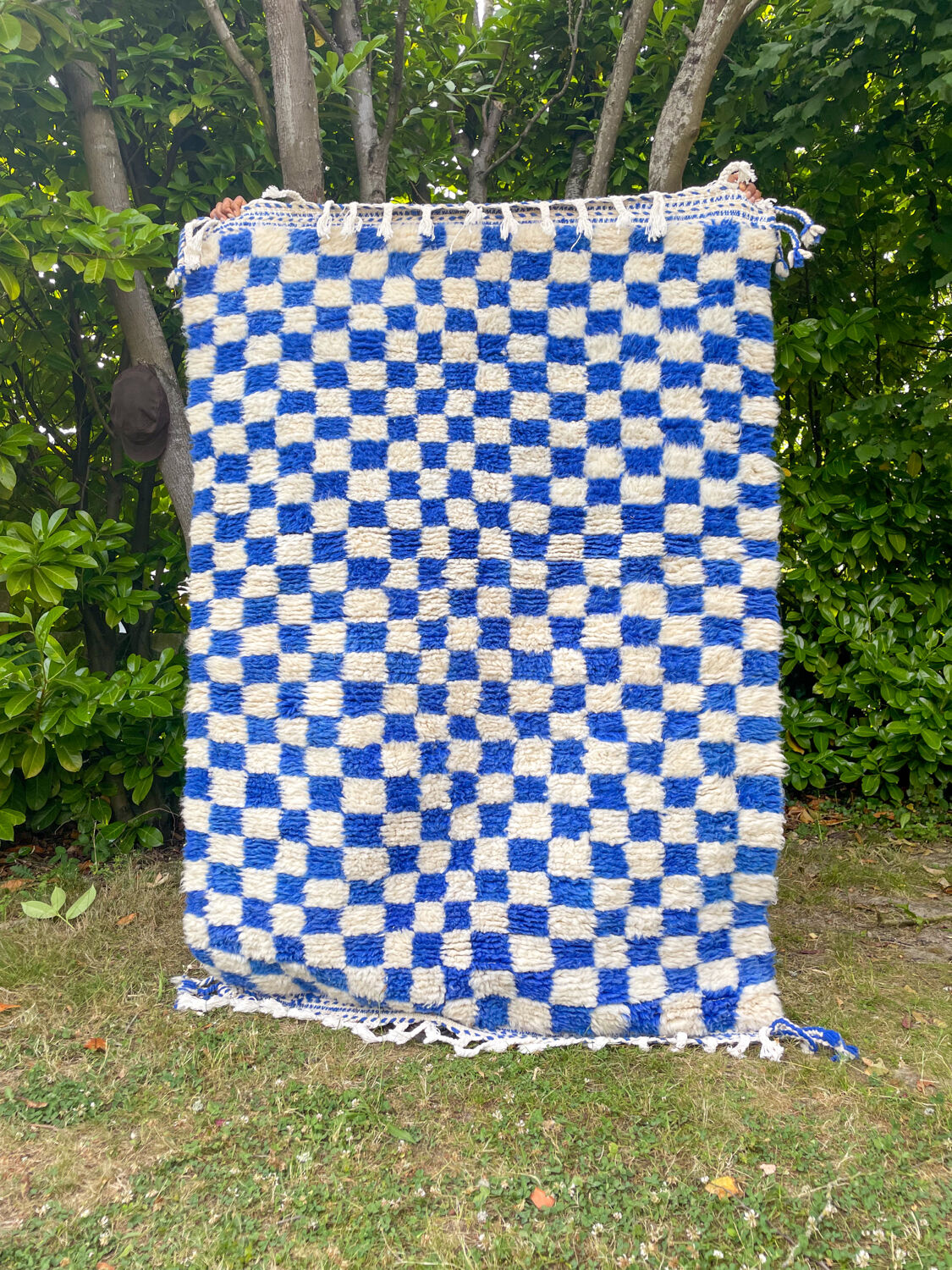 Moroccan Berber checkered carpet Klein blue and white