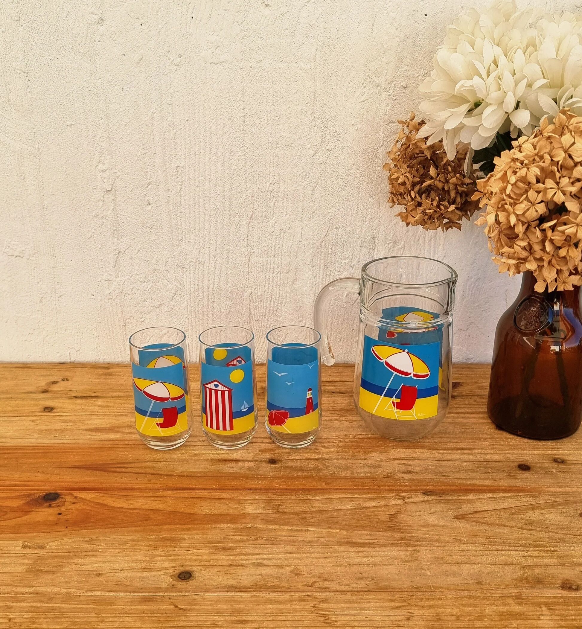 Vintage Palluy pitcher and glasses seaside spirit