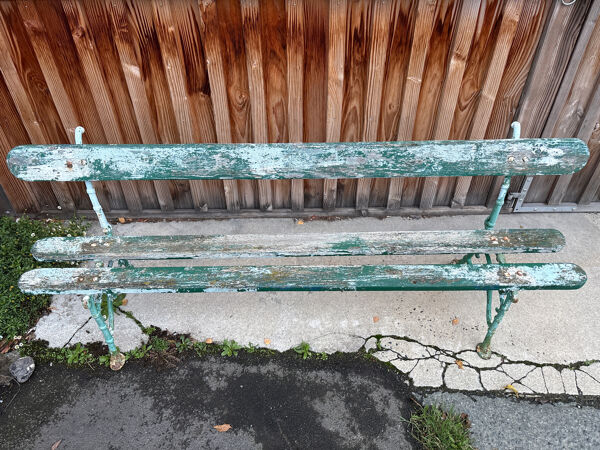 Ancien banc de jardin bois & fonte 2 m-long – patine d’origine
