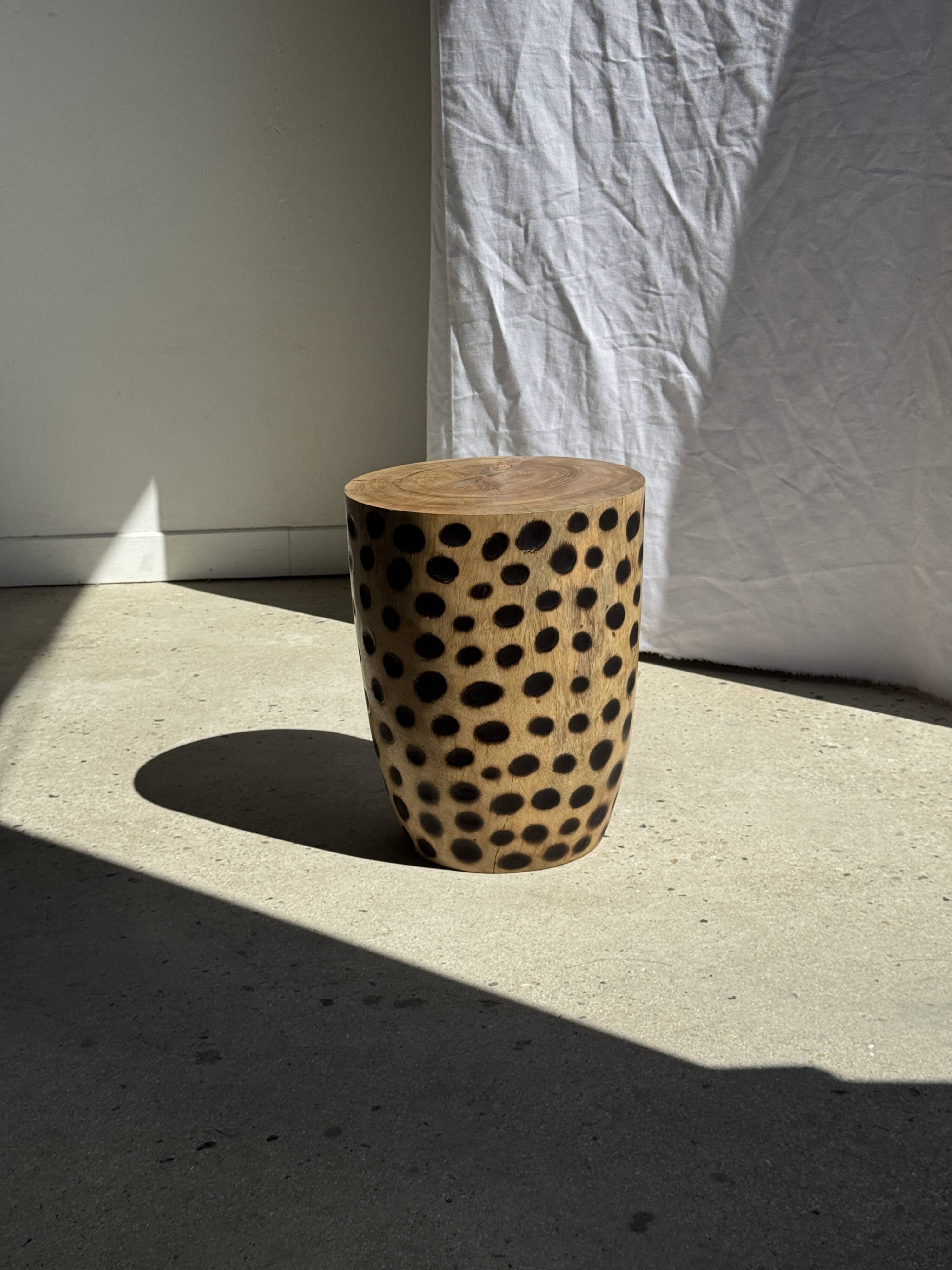 Stool, side table, cylindrical solid mango wood end table.