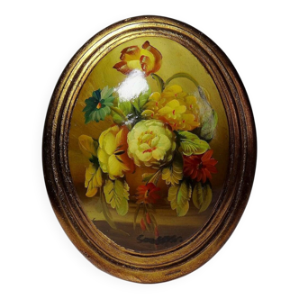Small medallion painting oil on curved wood Italian vintage bouquet of flowers