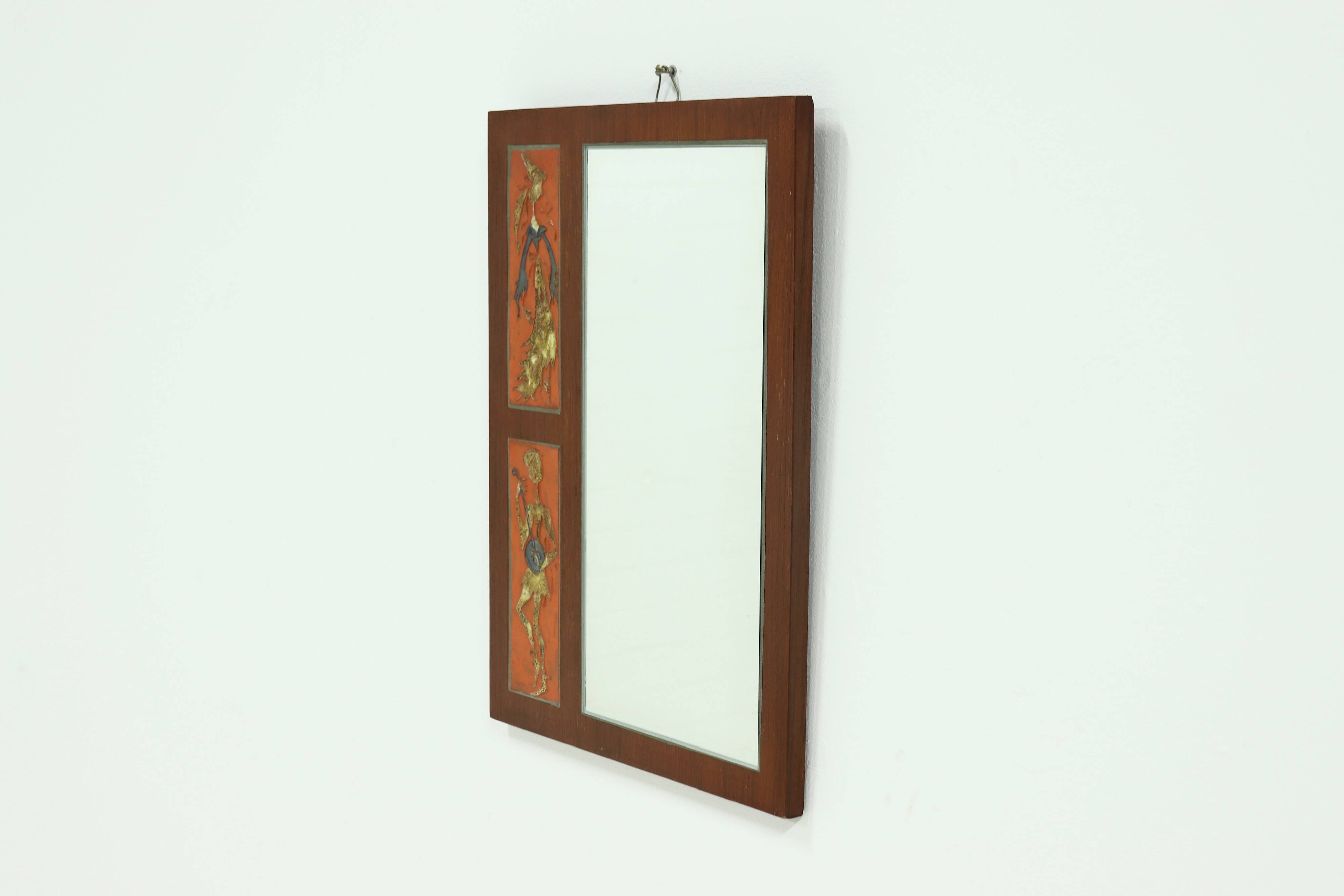 Mid-Century Teak and Ceramic Mirror by Atelier Pinson 1960s