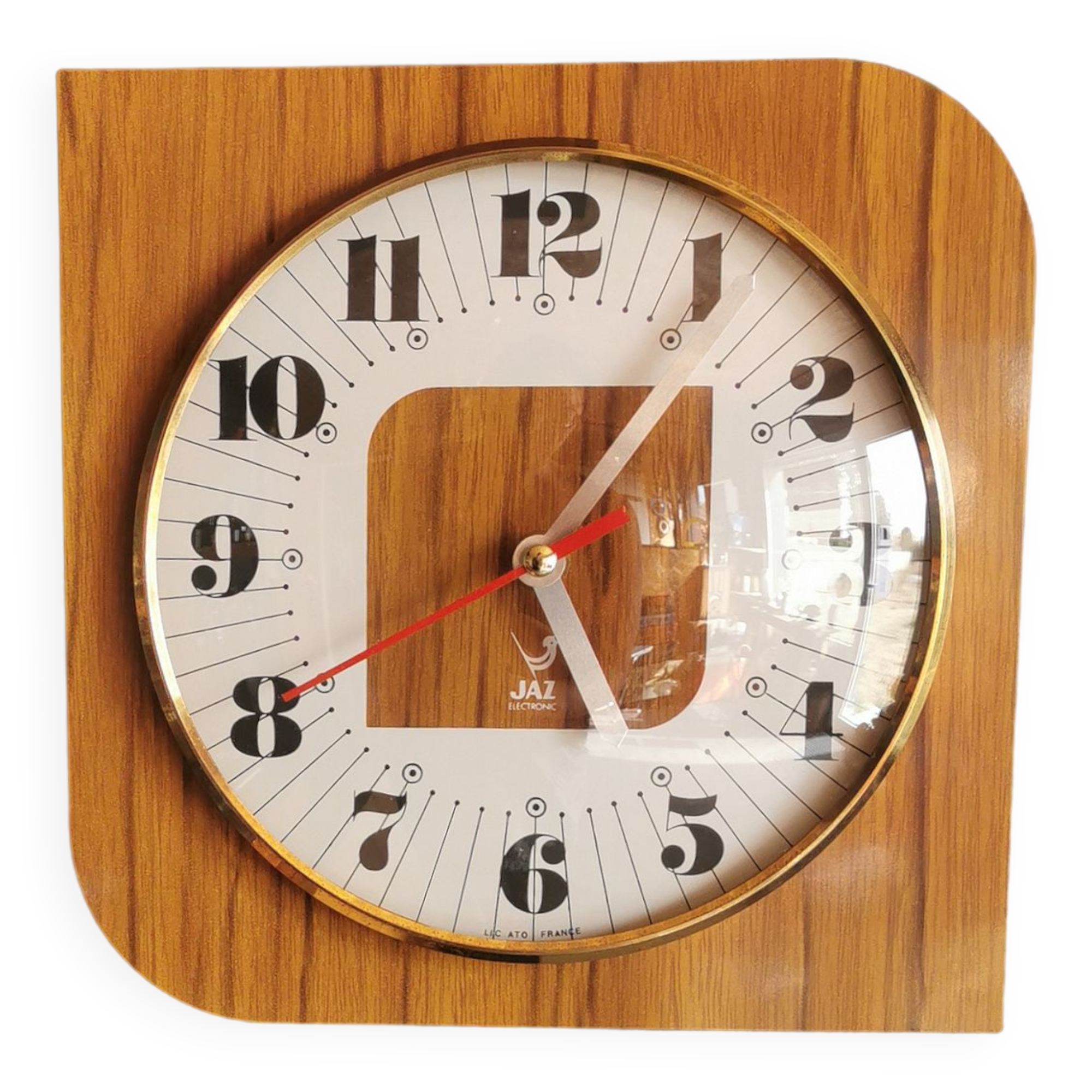 Vintage formica clock square silent wall pendulum "Jaz white wood"