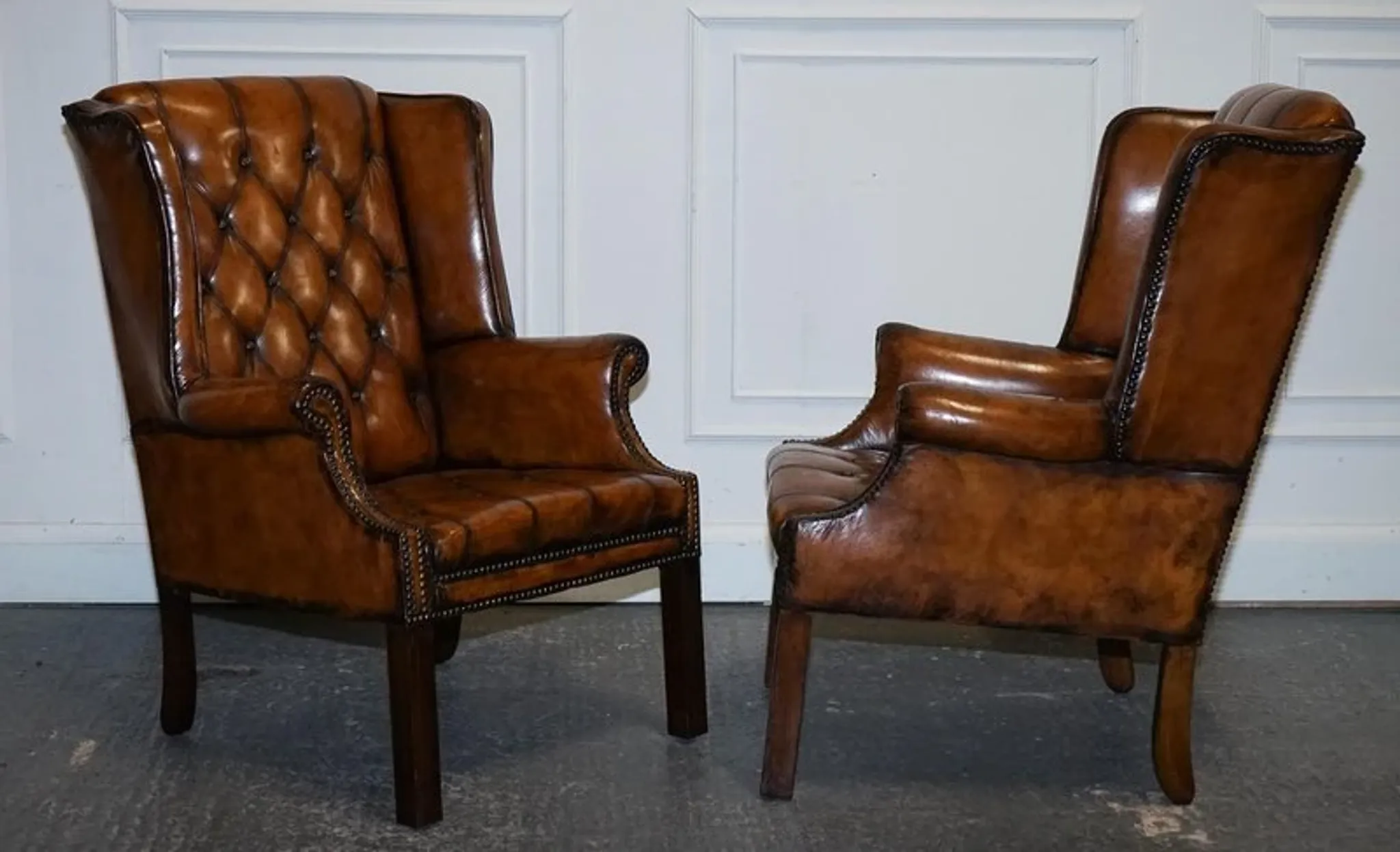 Chesterfield Wingback Armchair Set in Hand-Dyed Brown Leather, 1960s