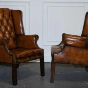 Chesterfield Wingback Armchair Set in Hand-Dyed Brown Leather, 1960s