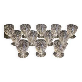 12 old wine and water glasses in chiseled engraved crystal
