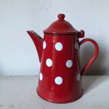 Red enamelled coffee maker with white polka dots