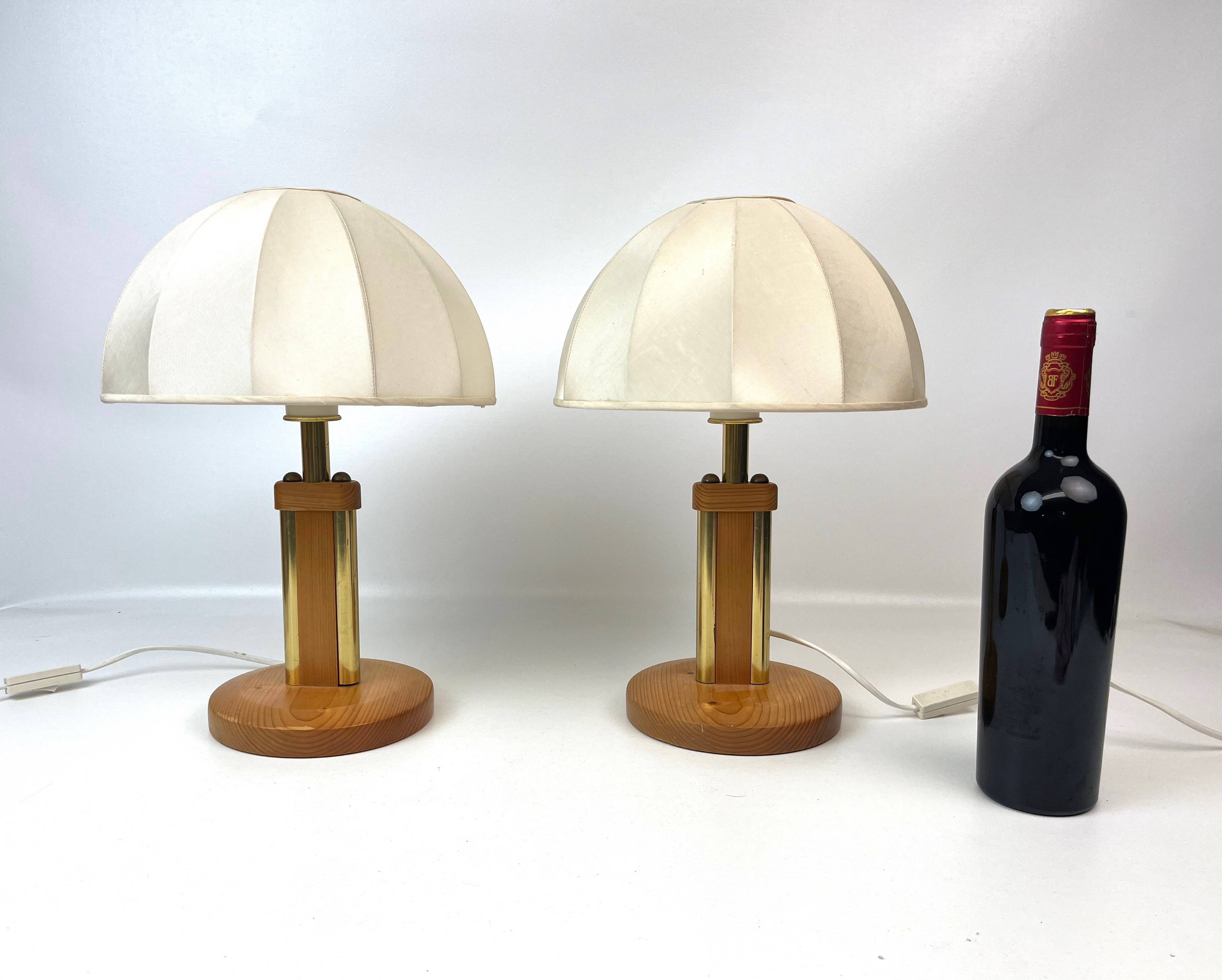 Pair Danish Modern Mid Century Pine Wood Cocoon Bedside Lamps