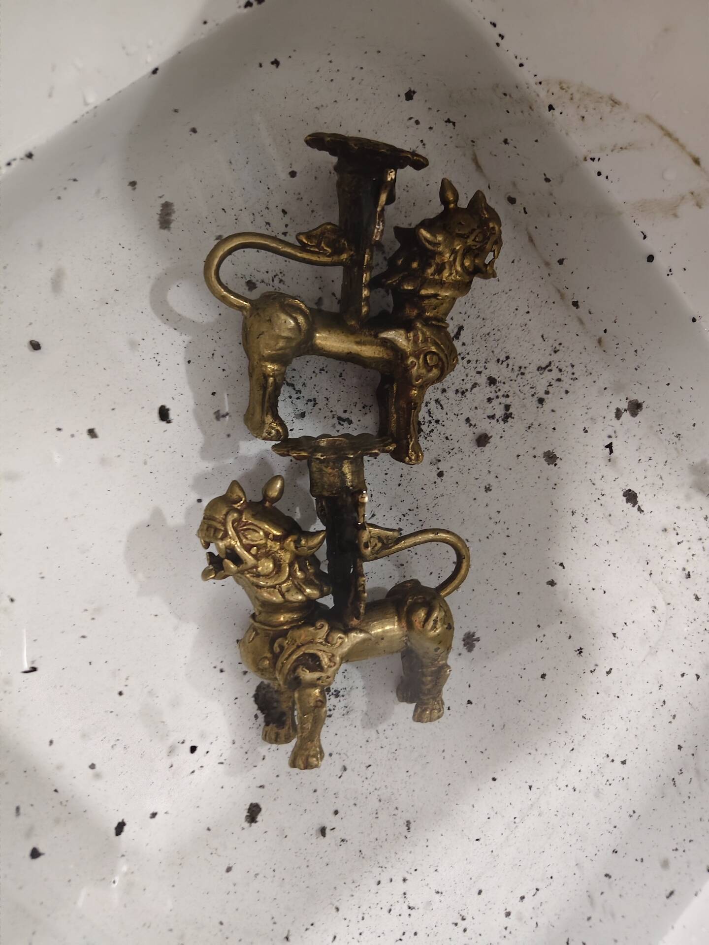Pair of vintage brass candlesticks, Foo Dogs / Guardian Lions