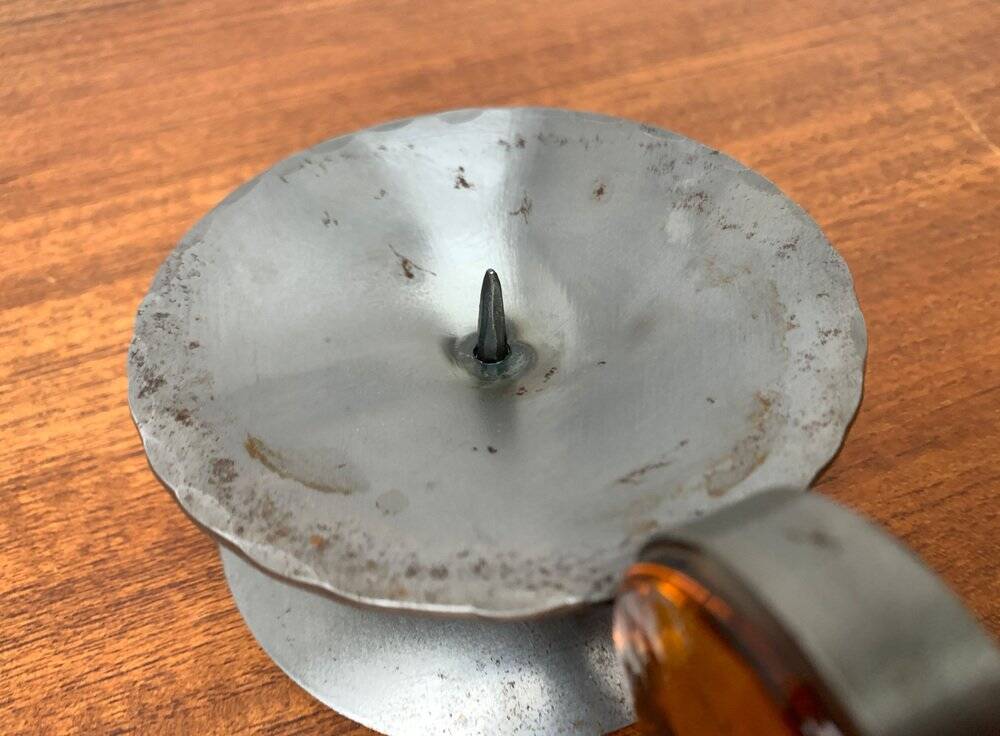 Brutalist Scandinavian candle holder in metal and glass by Gunnar Ander for Ystad, 1960s.