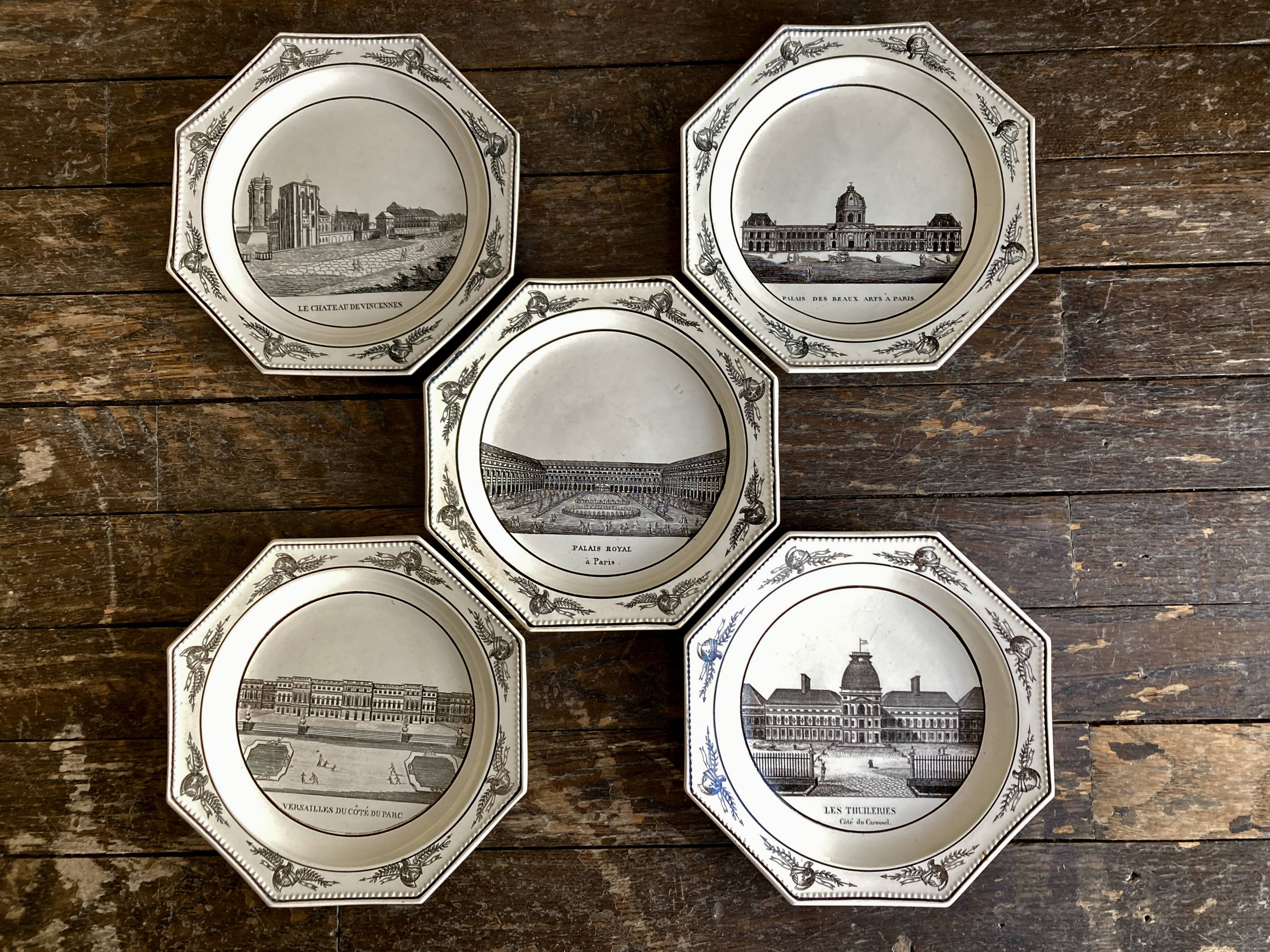 Octagonal plates Montereau directory 1810 grisaille neoclassical