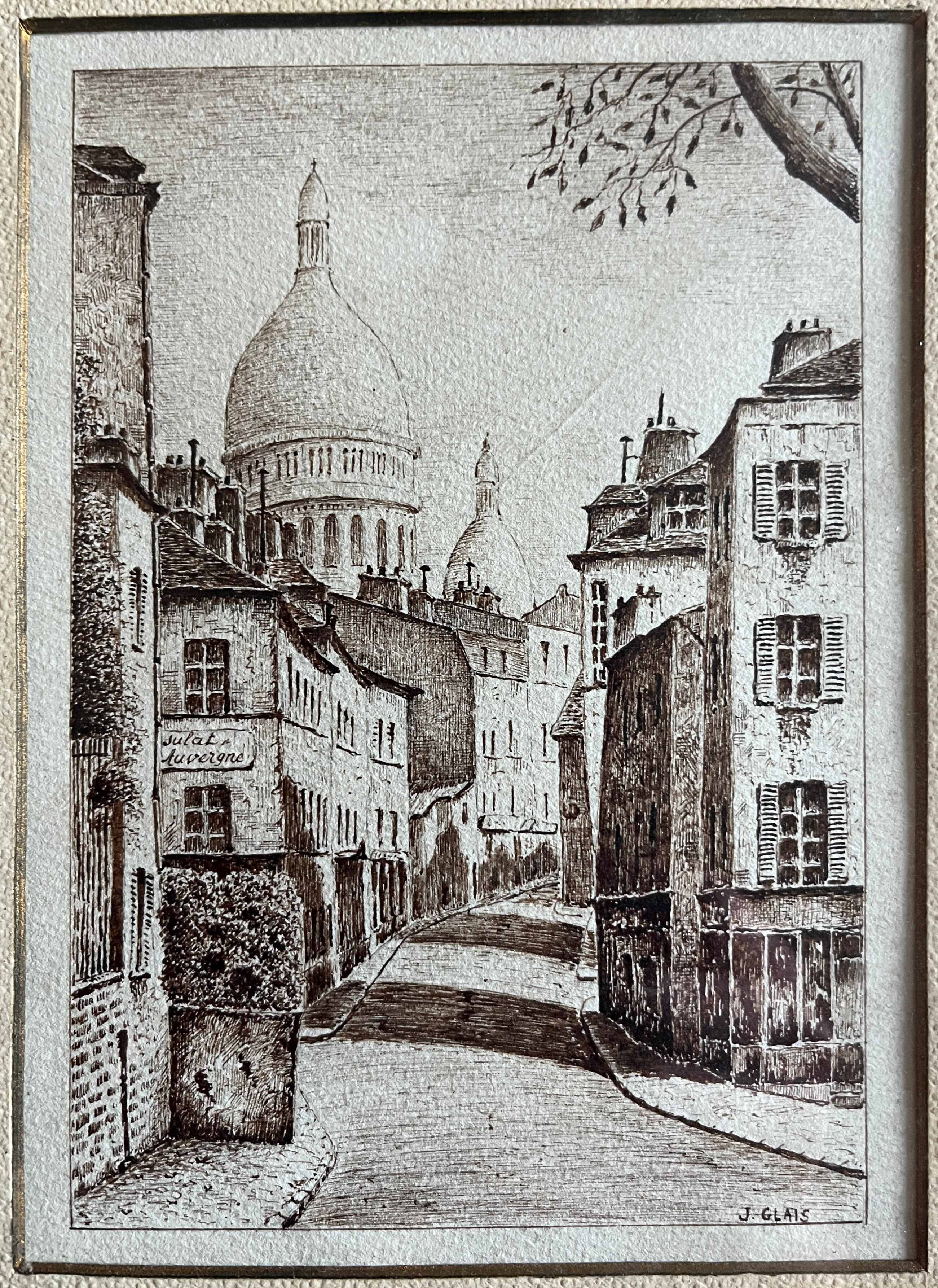 Tableau Lavis encre Paris Montmartre (rue Chevalier de la Barre) signé J. G