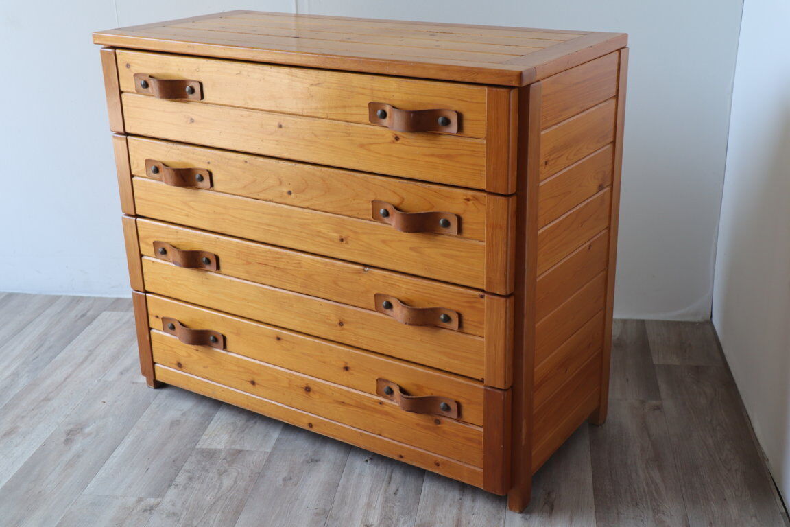 Commode vintage en pin massif et cuir, 1970