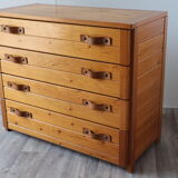 Vintage chest of drawers in solid pine and leather, 1970