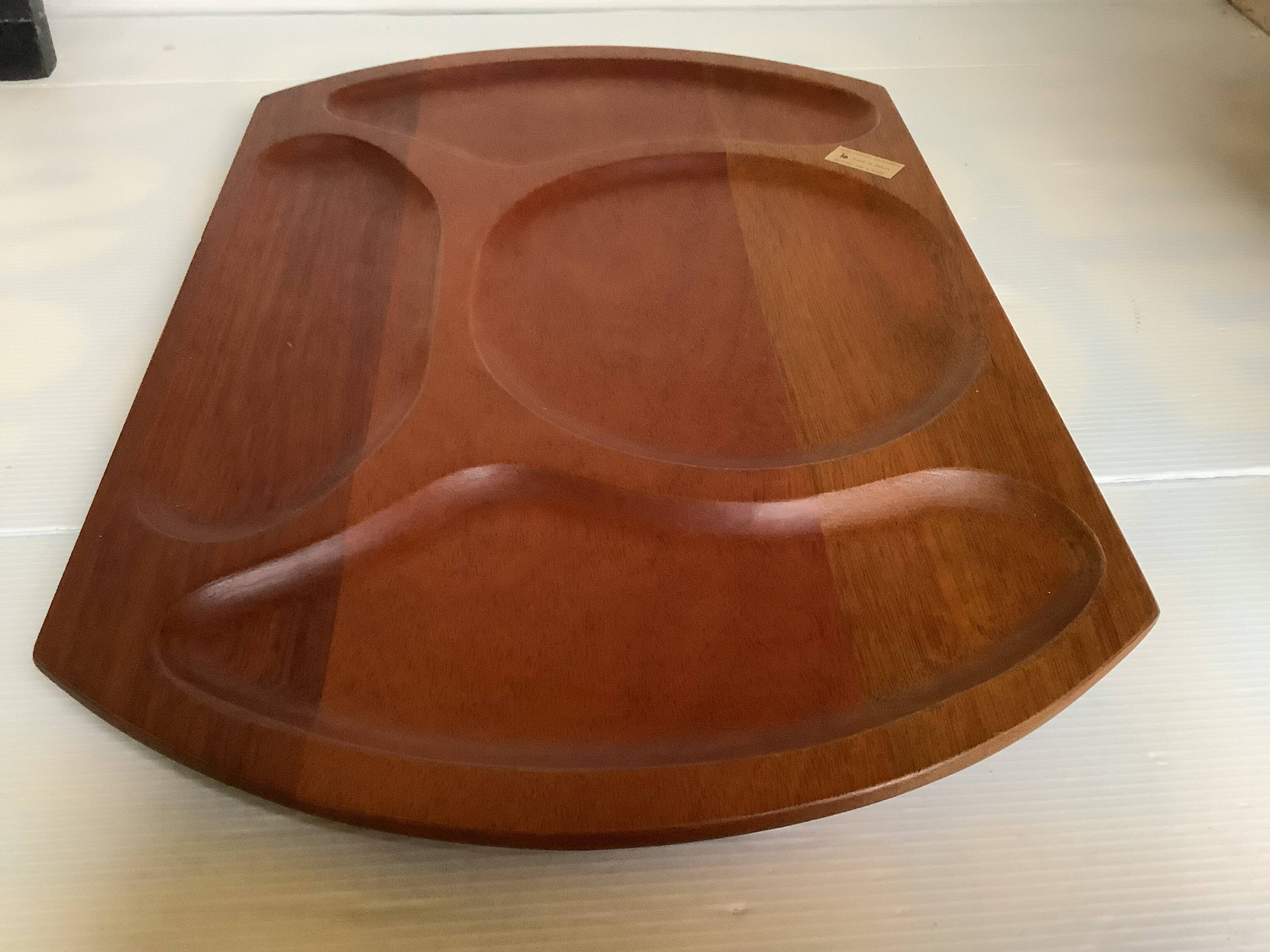 Pair of wooden snack meal trays with compartments.