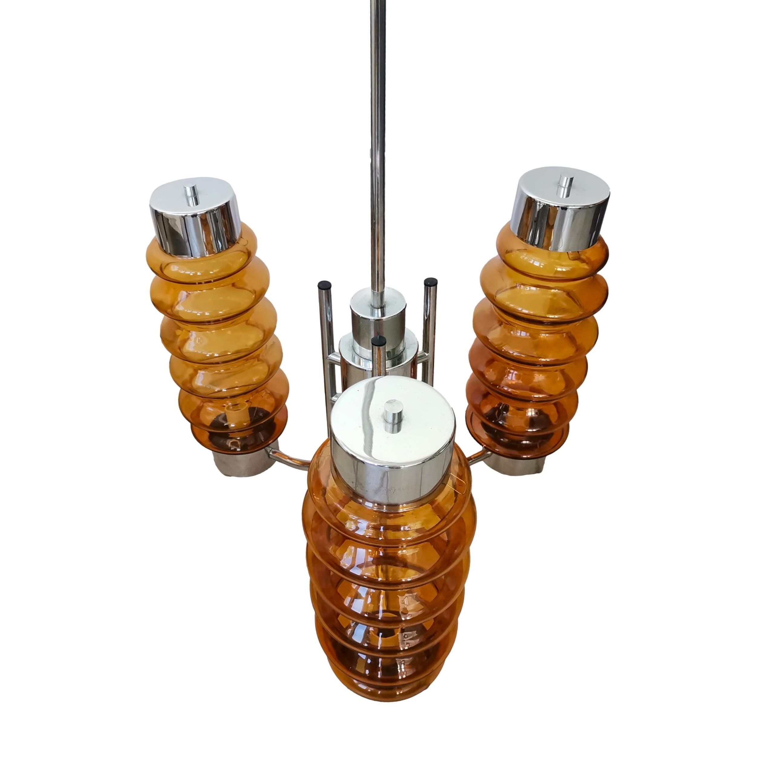 Modern amber brown glass and chrome 3 light chandelier 1970