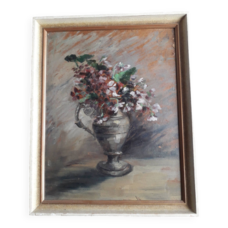 Tableau ancien à l'huile représentant un bouquet de fleurs