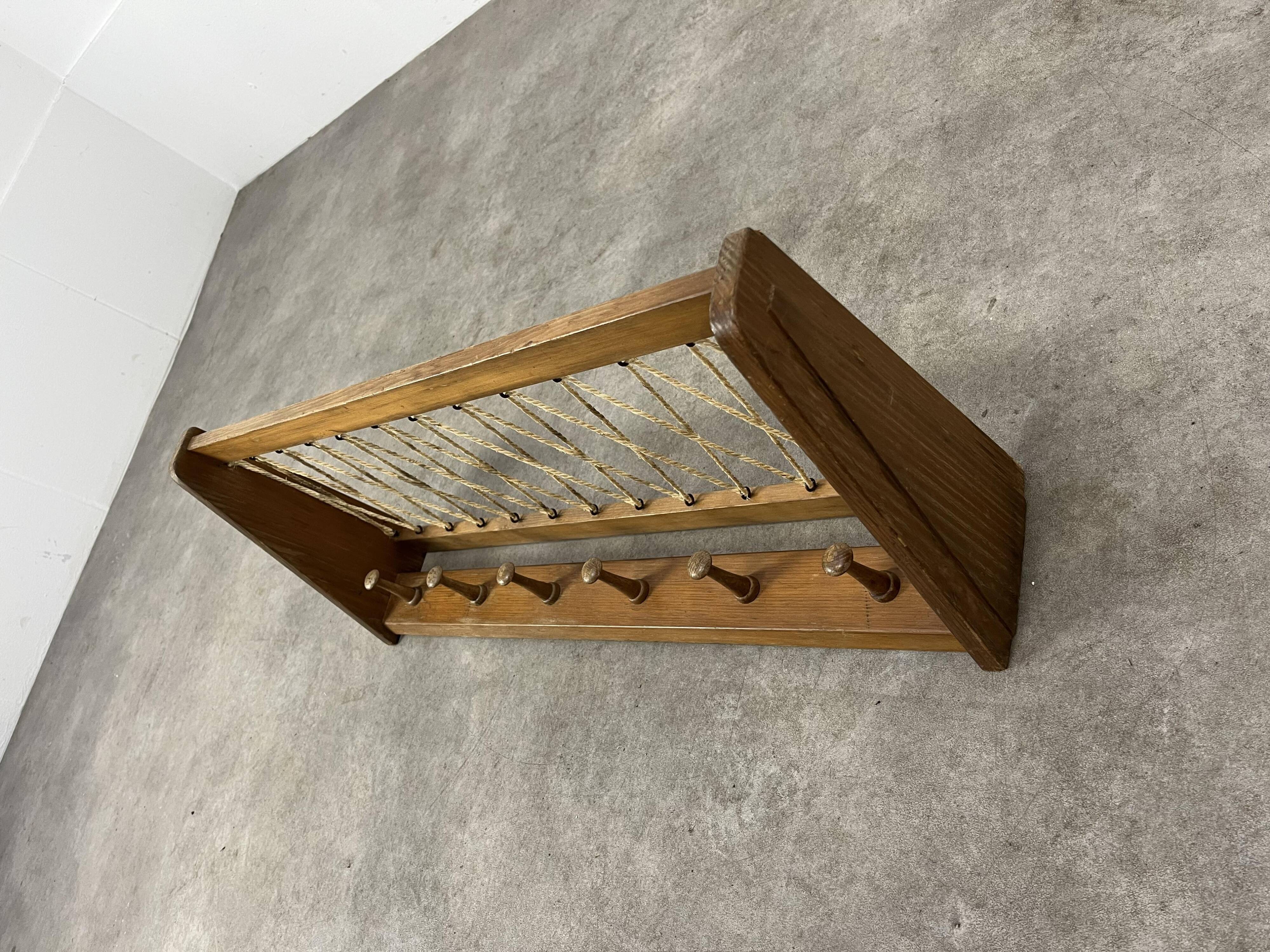 Vintage wooden wall coat rack with 6 chalet-style hooks