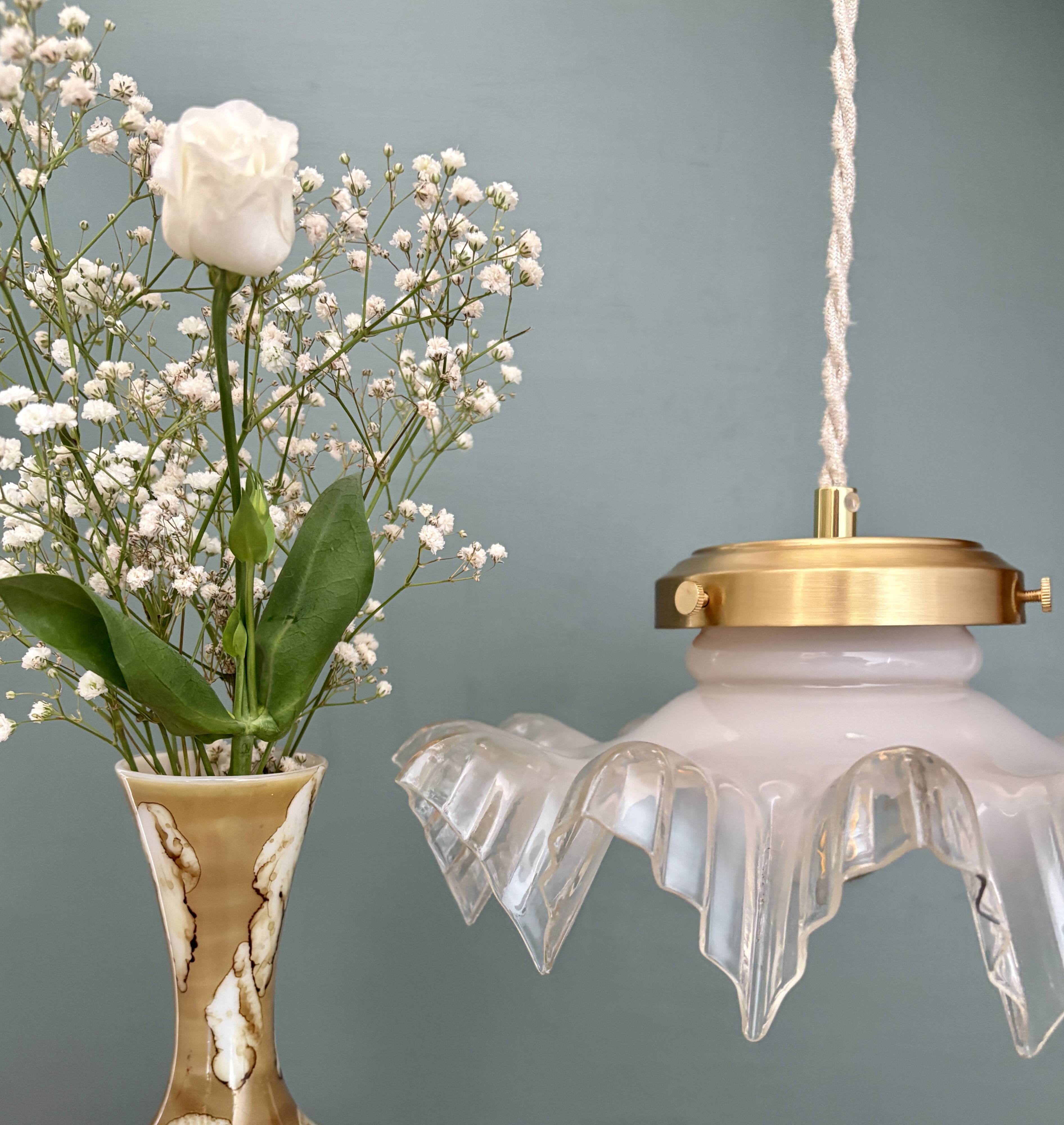 Vintage lace glass pendant lampshade, half white, half transparent