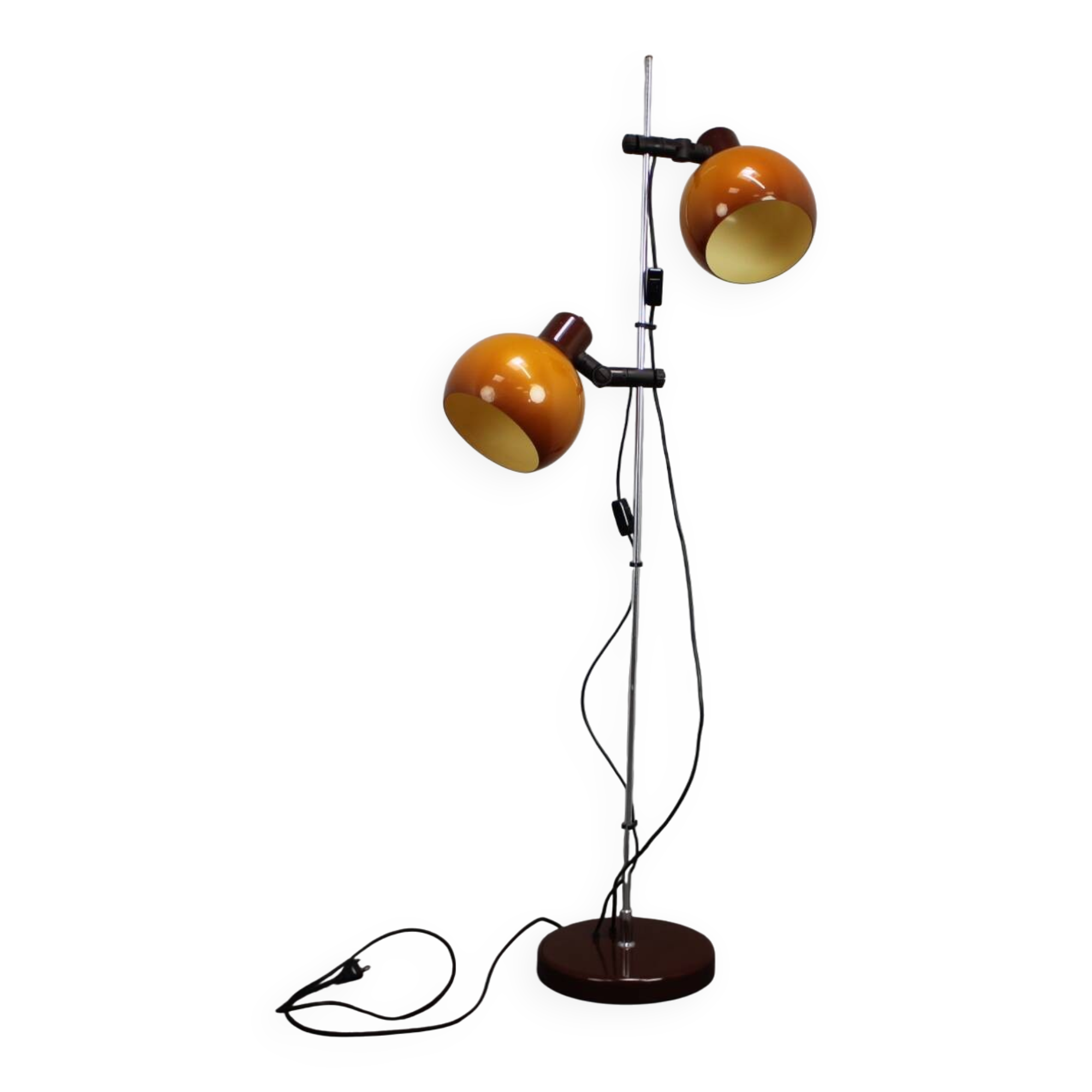 Adjustable double floor lamp in "Space Age" style, Hungarian from the 1970s, in orange and chrome brown.