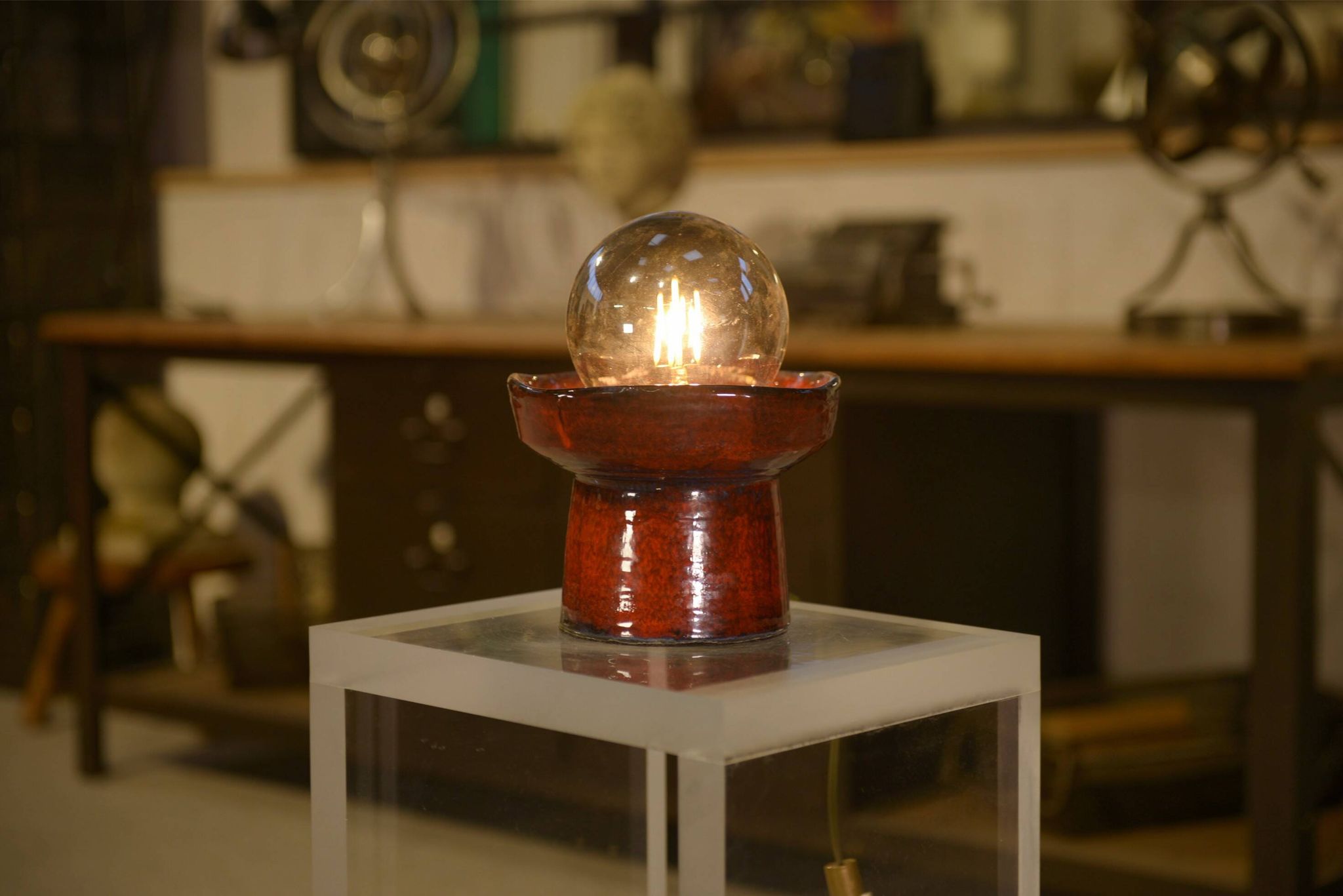 Red ceramic table lamp by Guillerme and Chambron 1980s