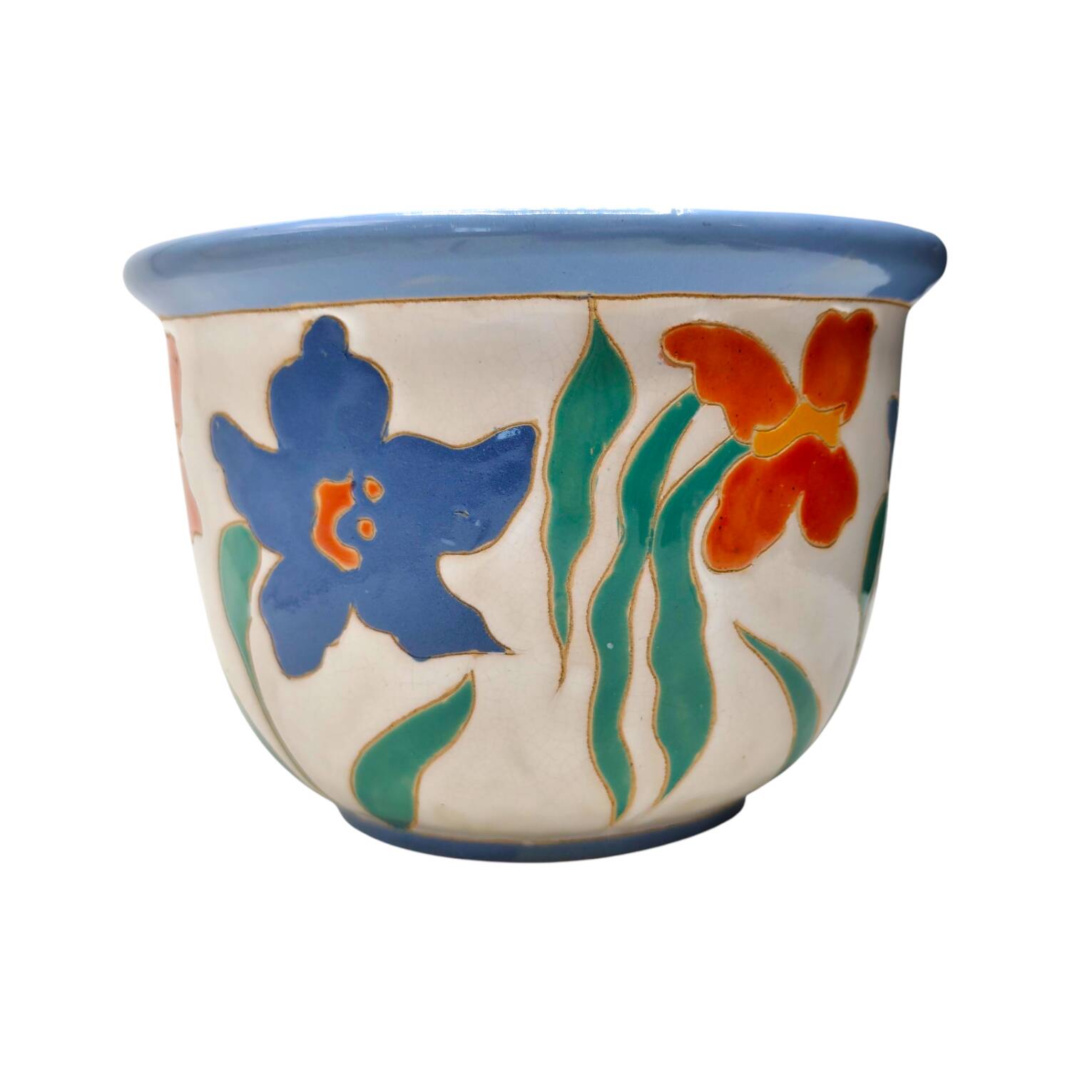 Handmade Studio Pottery Flower Pot - Colorful Relief Decoration, Signed